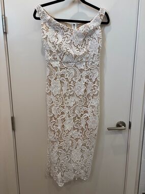 Off the Shoulder White Lace Overlay Sheath Dress
